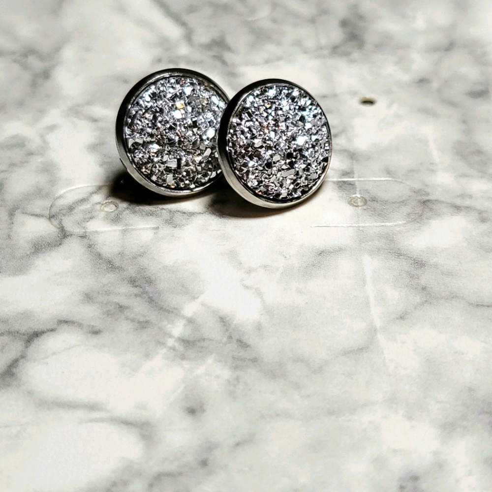 Silver Druzy Stud Earrings